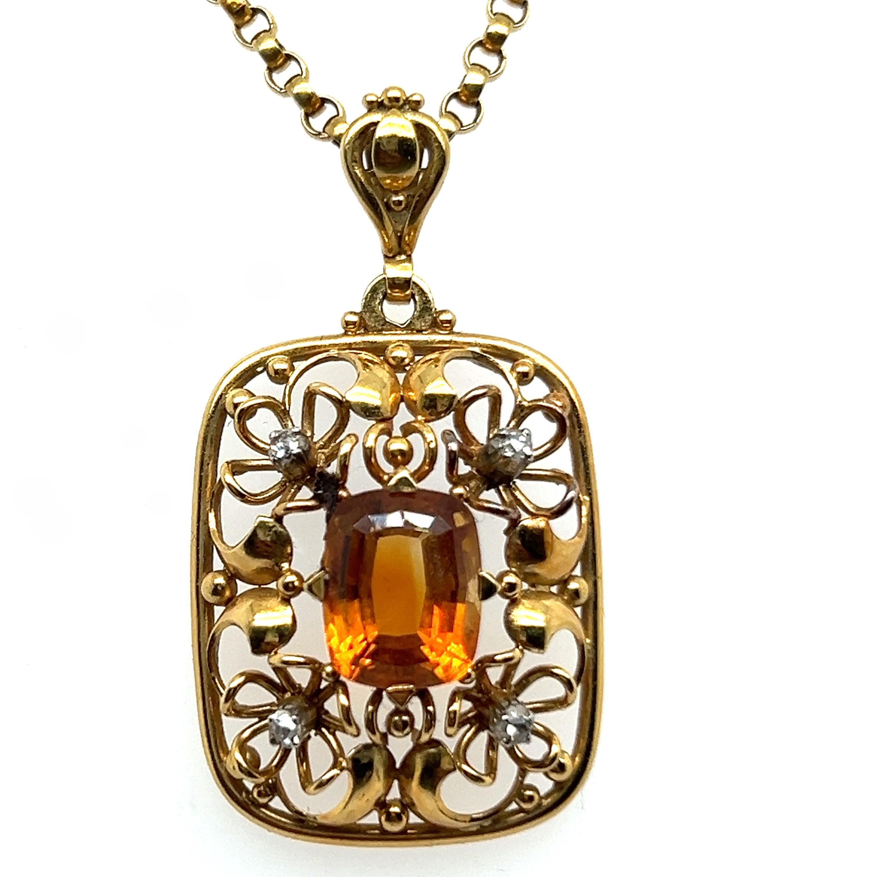 Pendant Necklace with Citrine & Diamonds in 18 Karat Yellow Gold For Sale 1
