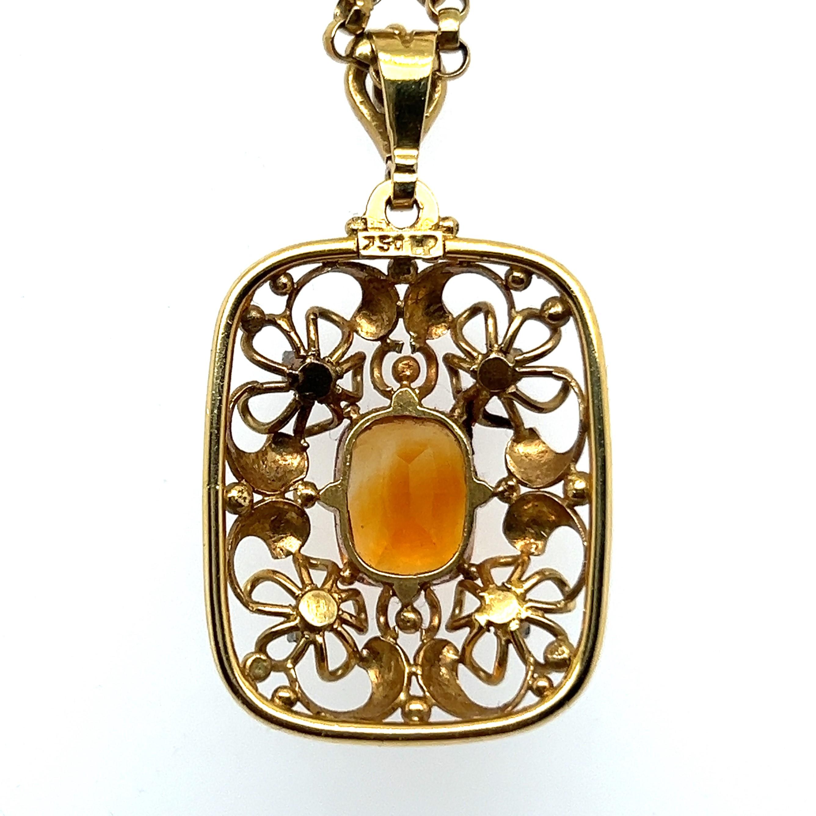 Pendant Necklace with Citrine & Diamonds in 18 Karat Yellow Gold For Sale 2