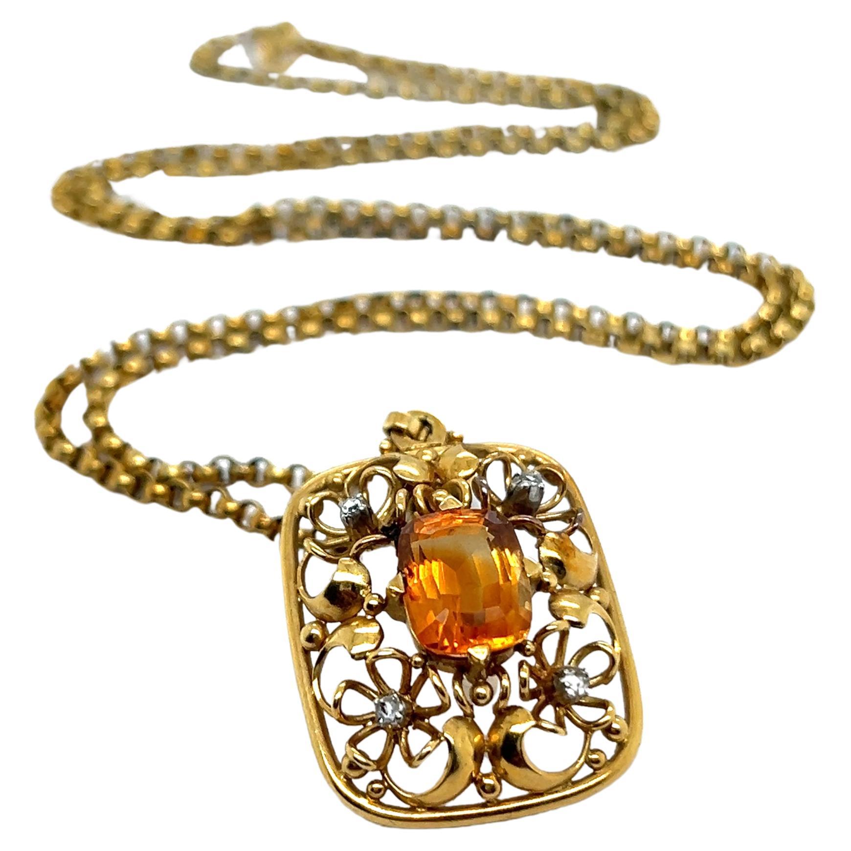 Pendant Necklace with Citrine & Diamonds in 18 Karat Yellow Gold