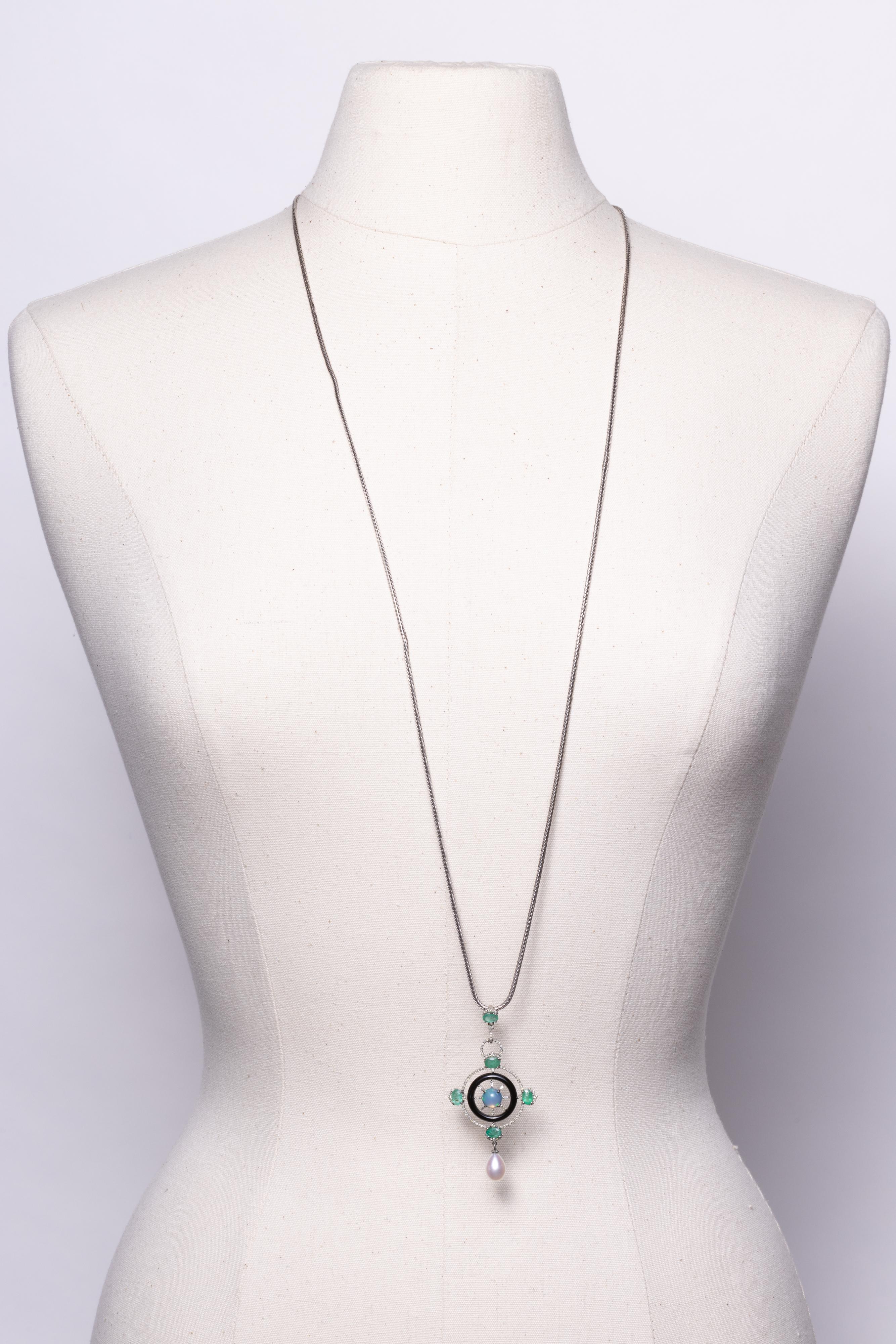 Round Cut Pendant Necklace with Emeralds, Diamonds, Opal and Pearl, Worn Long or Short For Sale