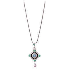 Pendant Necklace with Emeralds, Diamonds, Opal and Pearl, Worn Long or Short