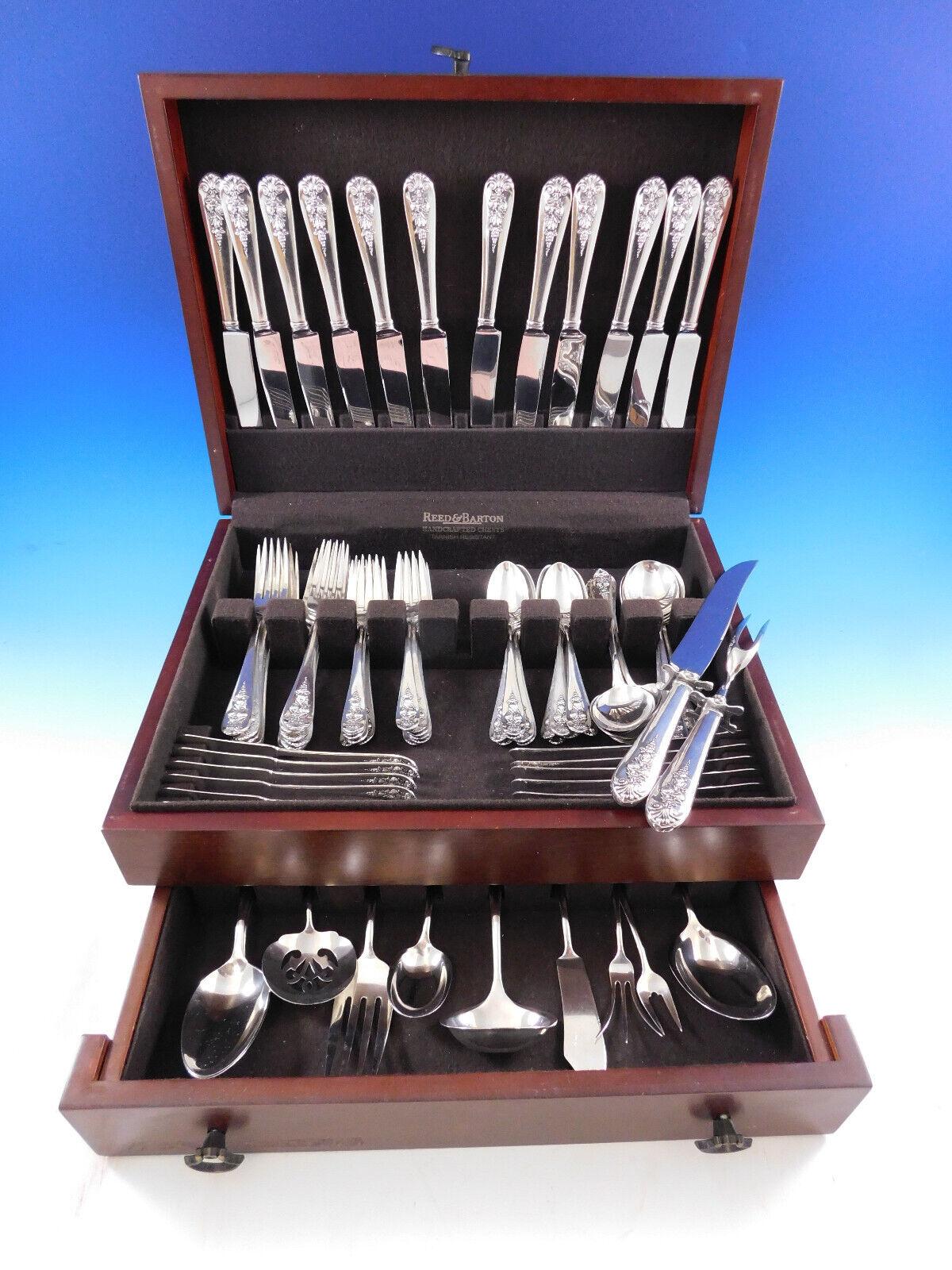 Rare Pendant of Fruit by Lunt, c1939, sterling silver Flatware set with gorgeous high-relief hanging fruit design, 84 pieces. This set includes:

12 knives, 9