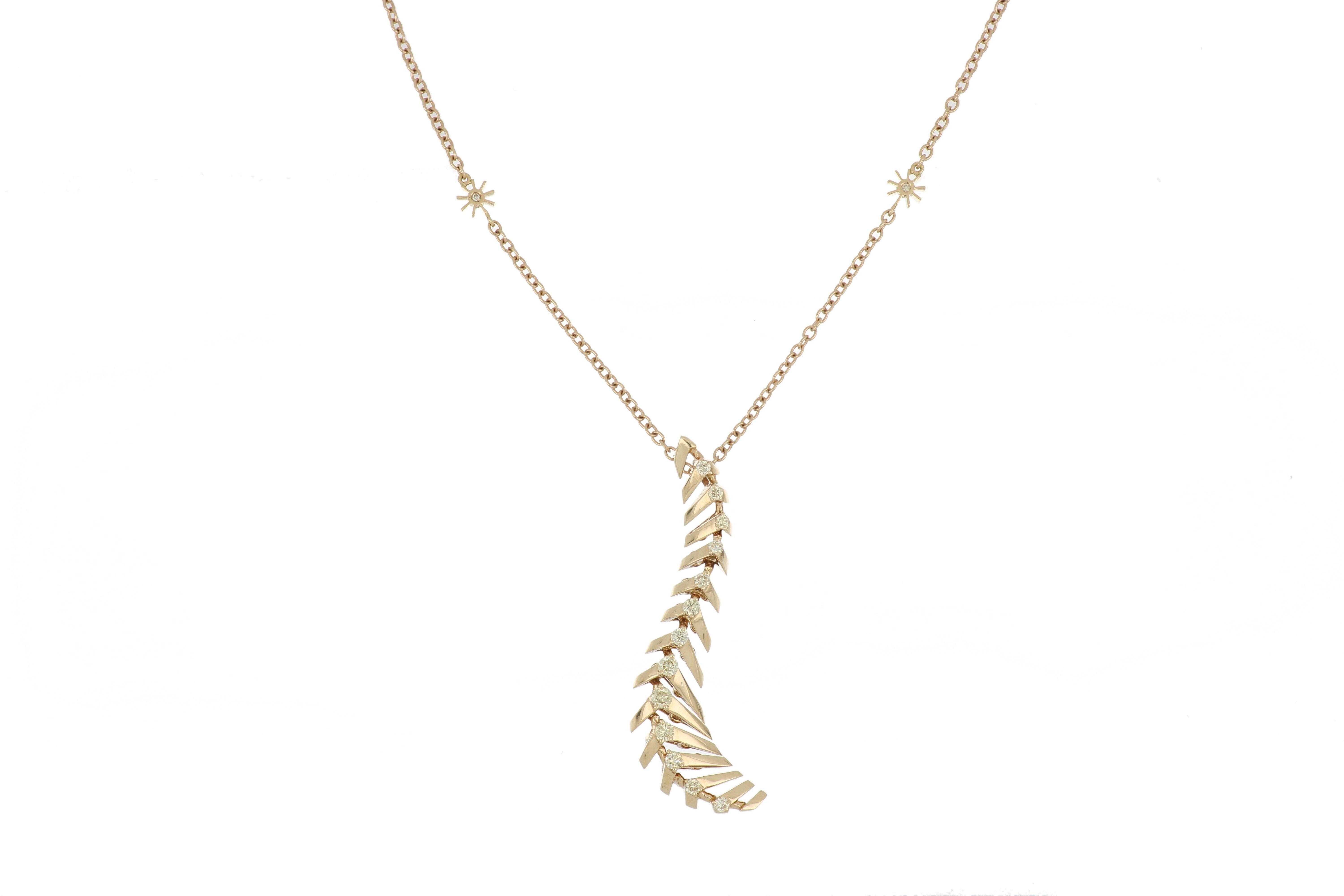This gorgeous, feminine pendant in the Soffio collection was inspired by the gentle curves seen in dandelions. 18k rose gold, this posh pendant has a soft curve that is adorned elegantly with cream diamonds and sapphires. This pendant would look