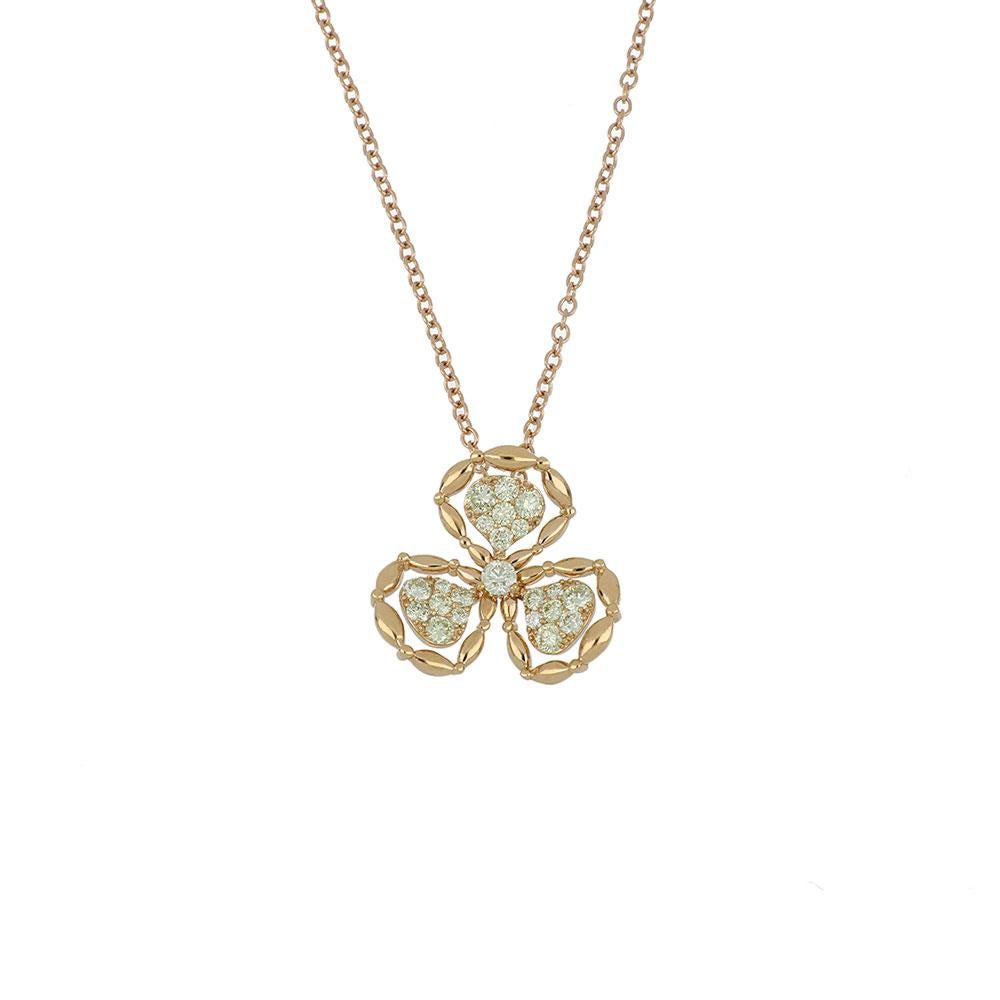 A fun and intriguing piece, this pendant is a part of the Lucky Me collection. This 18k rose gold pendant has 3 leaves of diamonds outlined strikingly with a detailed rose gold border. This stunning piece has cream diamonds and would look beautiful