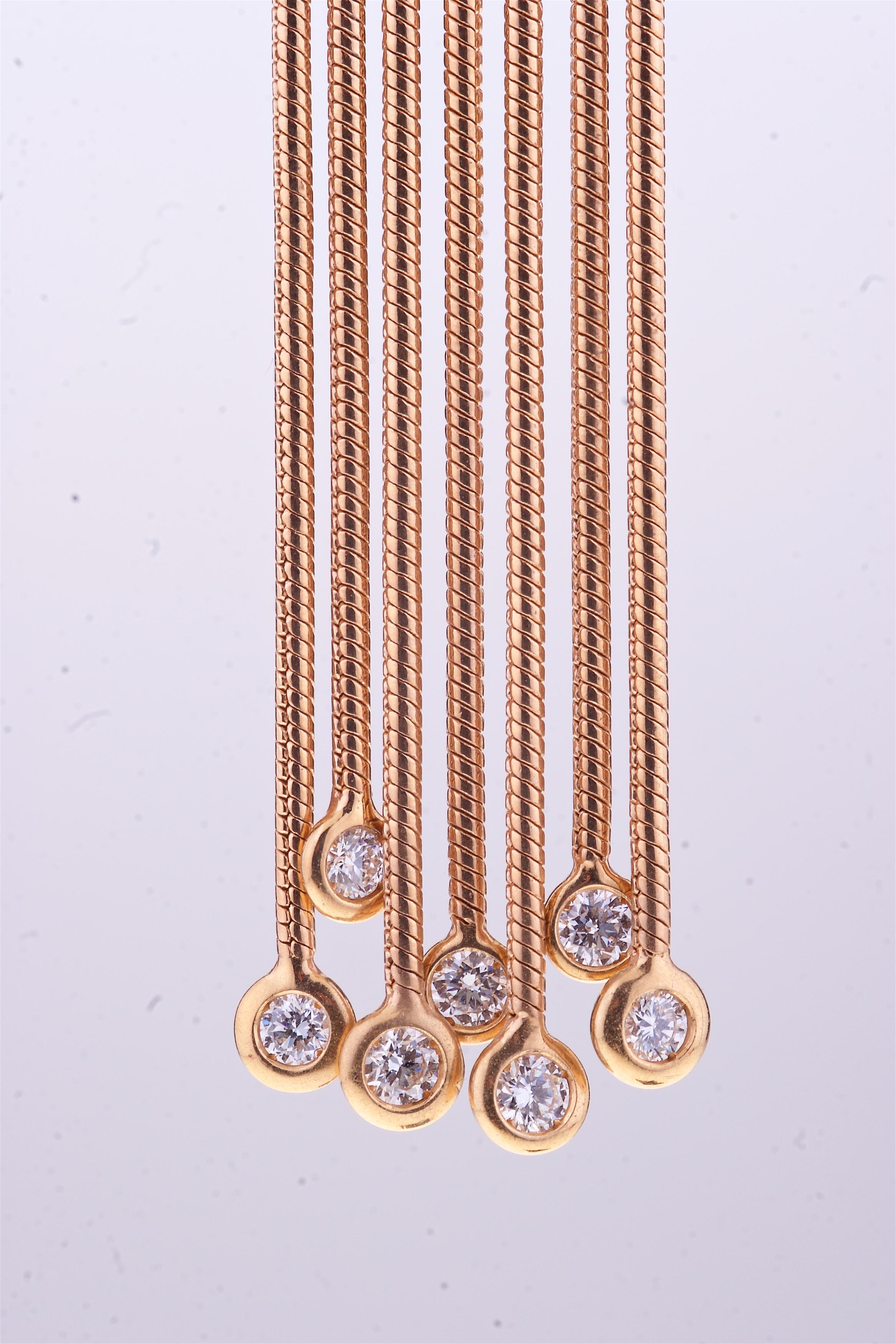 Brilliant Cut Pendant Rose Gold Earrings with Seven Threads and Diamonds For Sale