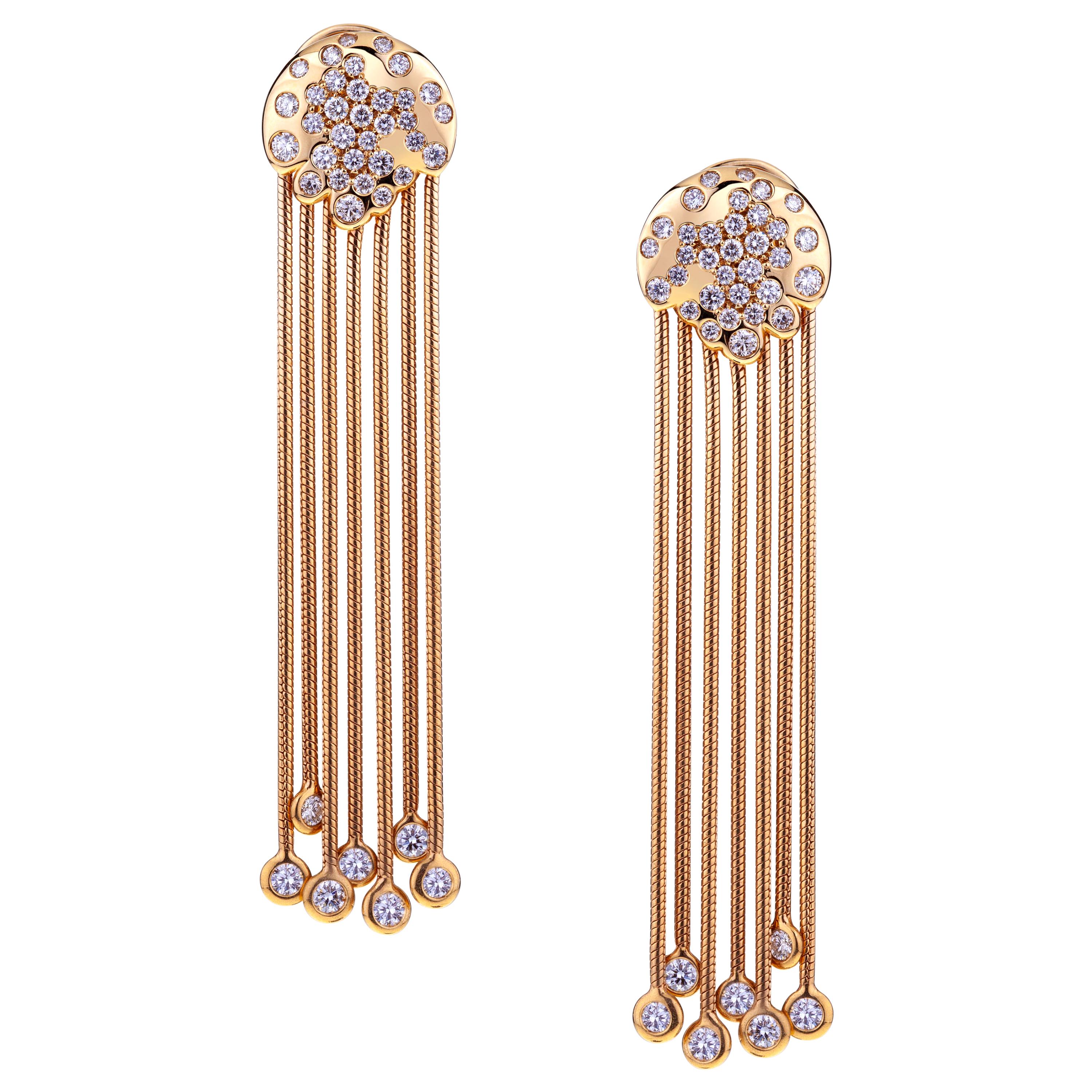 Pendant Rose Gold Earrings with Seven Threads and Diamonds For Sale