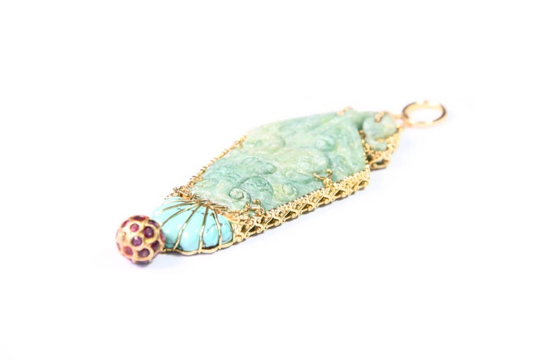 Pendant Ruby Turquoise 18 Karat Gold Green Antique Jade Dragon In New Condition For Sale In Milan, IT