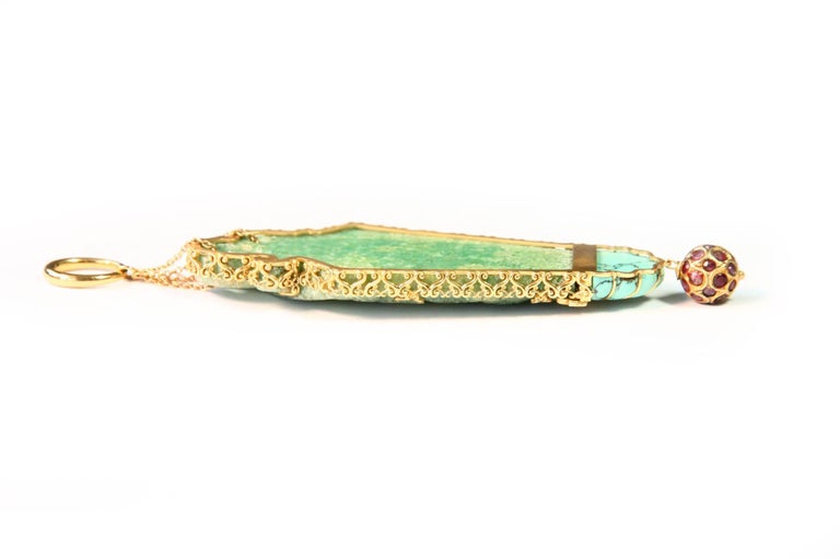 Women's Pendant Ruby Turquoise 18 Karat Gold Green Antique Jade Dragon For Sale