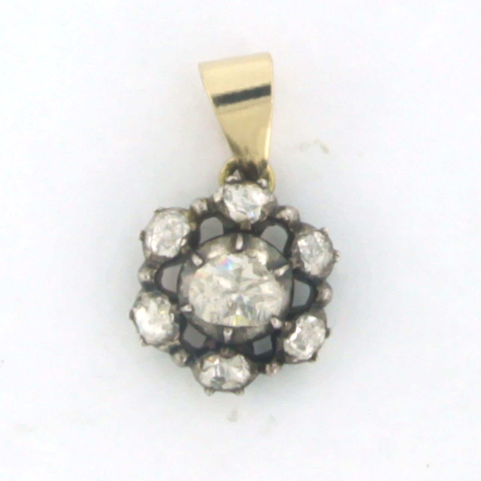 Rose Cut Pendant set with diamonds 14k yellow gold and silver For Sale