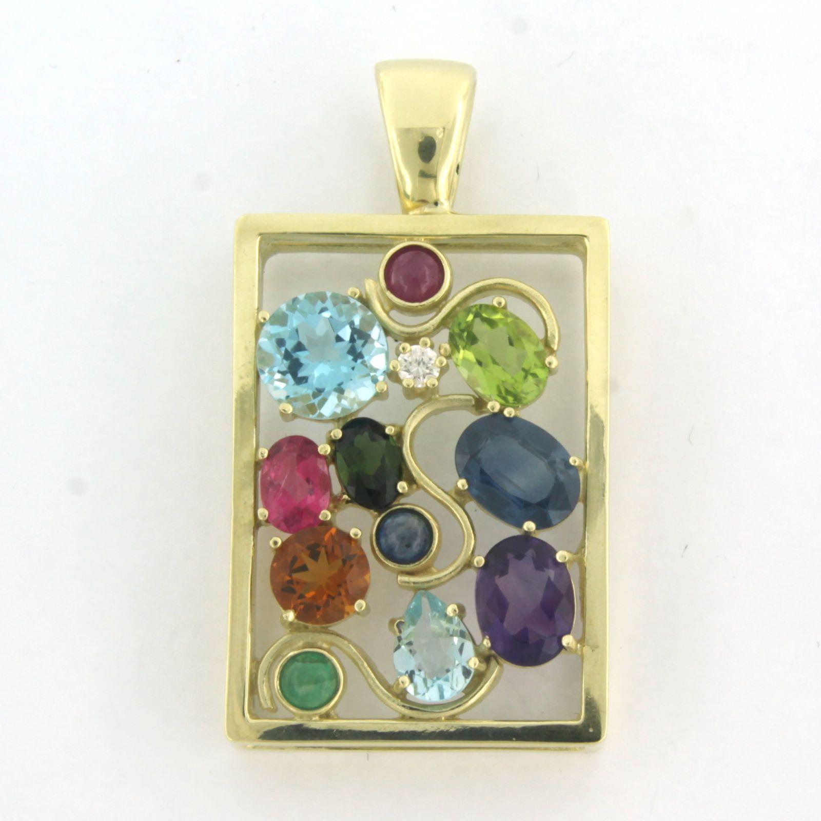 Modern Pendant set with diamonds and various gemstones 14k yellow gold For Sale