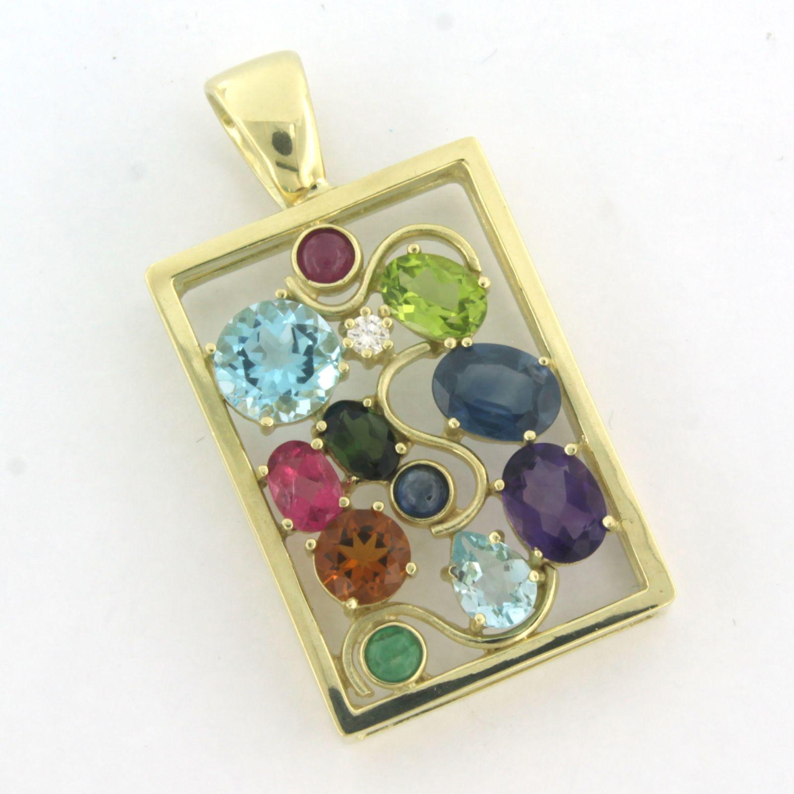 Brilliant Cut Pendant set with diamonds and various gemstones 14k yellow gold For Sale