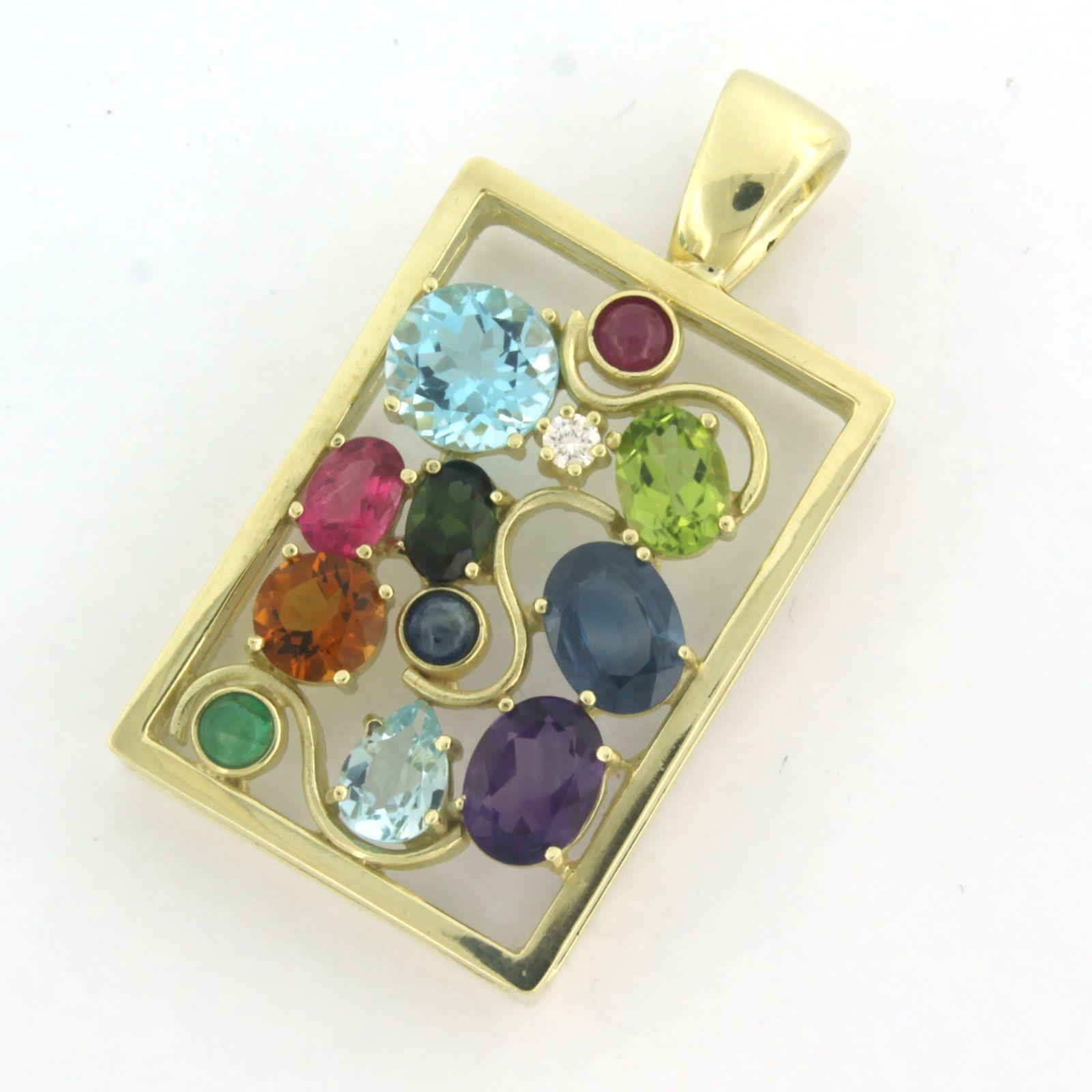 Women's Pendant set with diamonds and various gemstones 14k yellow gold For Sale
