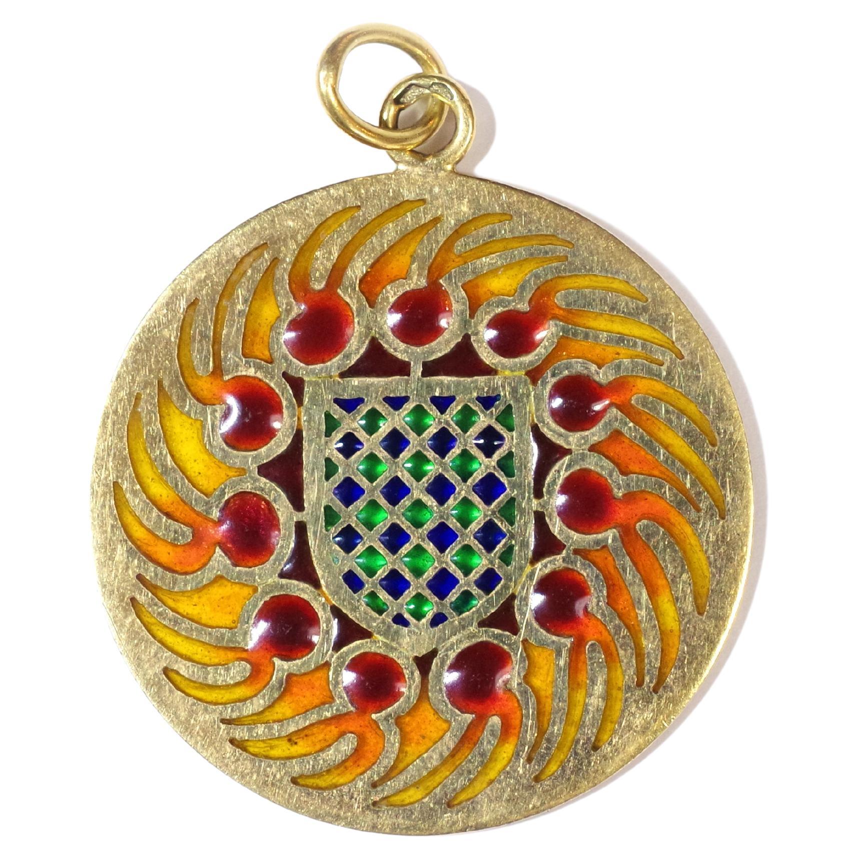 Pendant Stained Glass Enamel in Yellow Gold 18 Karats For Sale