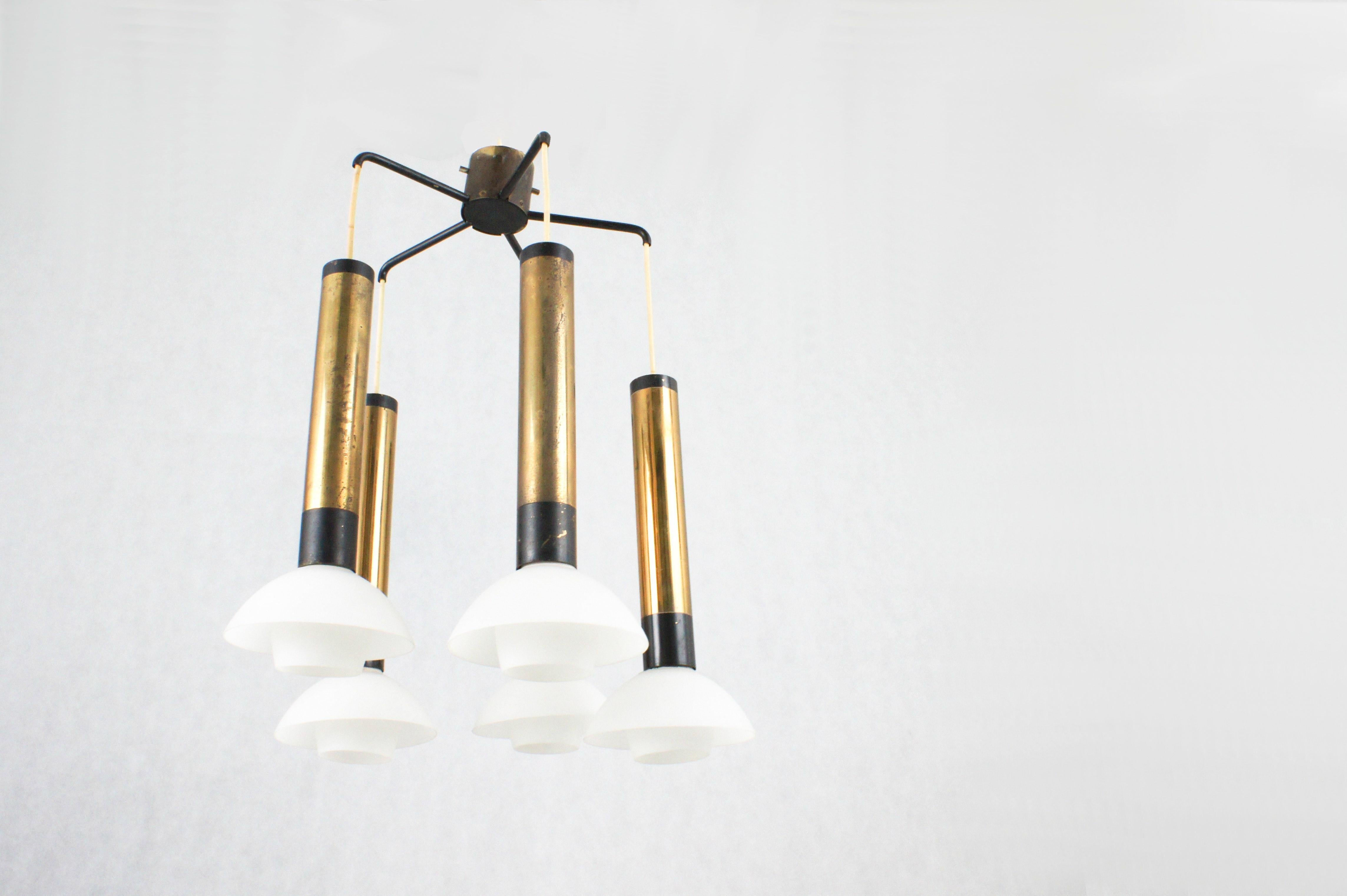 1960s stilnovo five-light pendant, metal frame and brass opal glass diffusers. 
Completely original condition, working.
