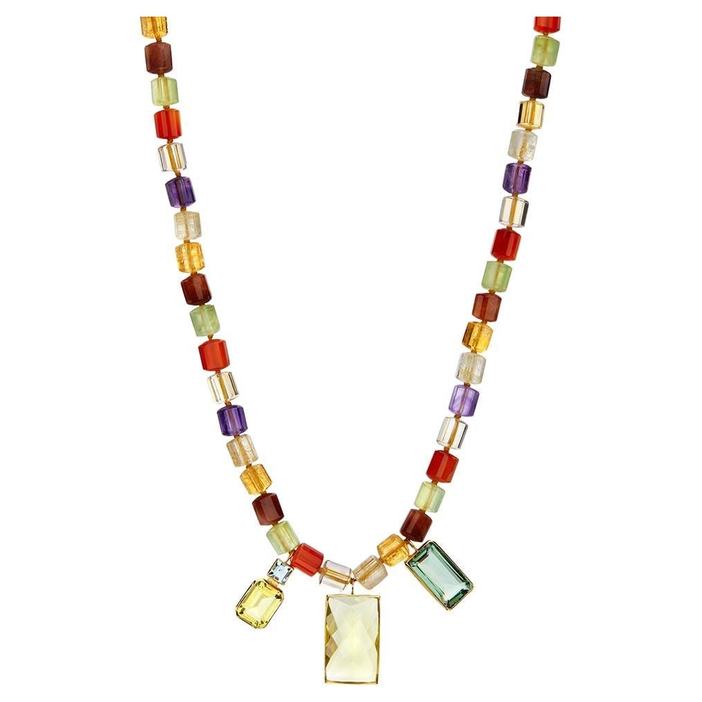 Pendant sun Necklace with Colorful preciouses gems in 18Kt Gold