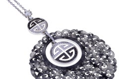Pendant White Gold Carved Translucent Jade, Solitaire and Black Diamond