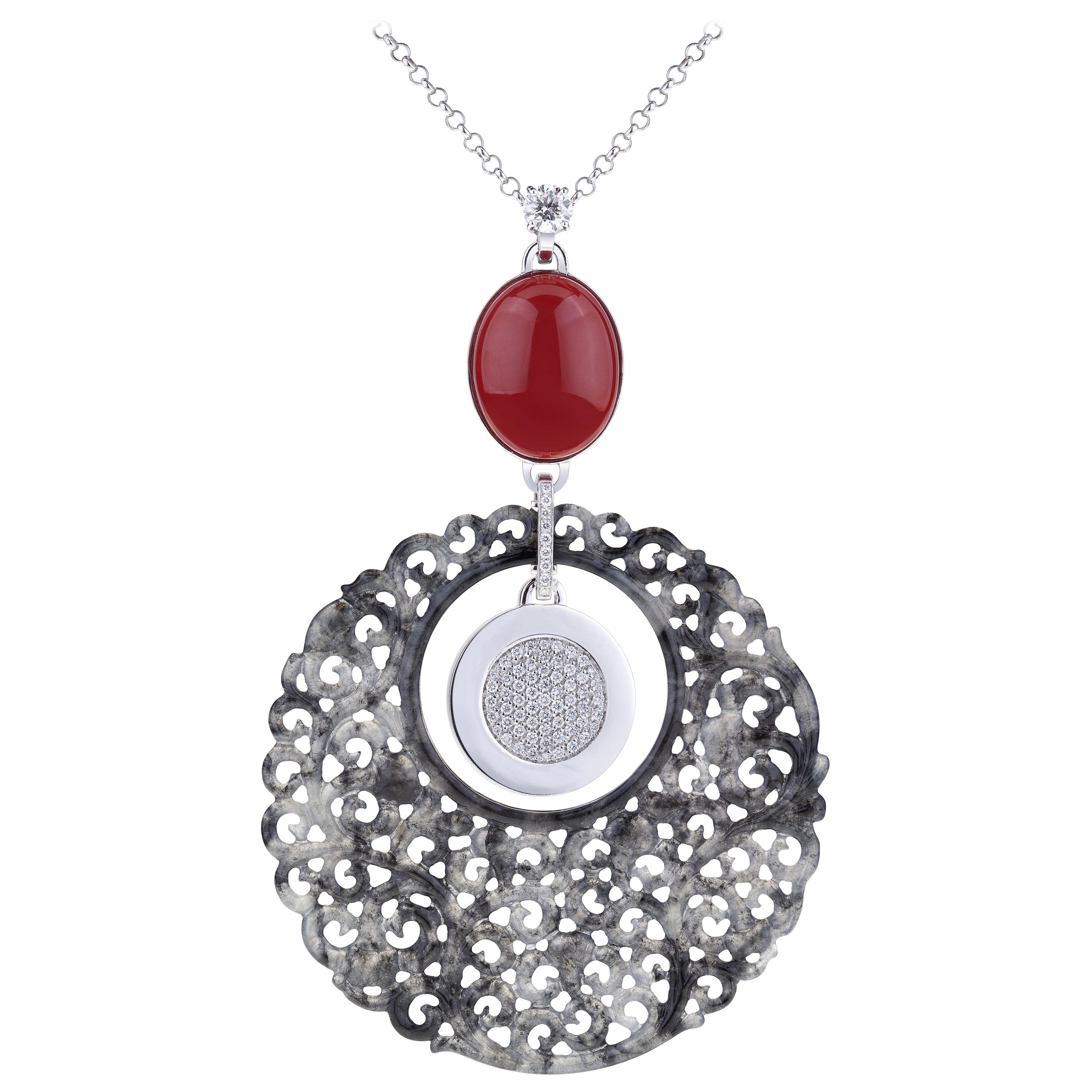 Pendant White Gold Carved Translucent Jade, Solitaire Diamond, Red Coral