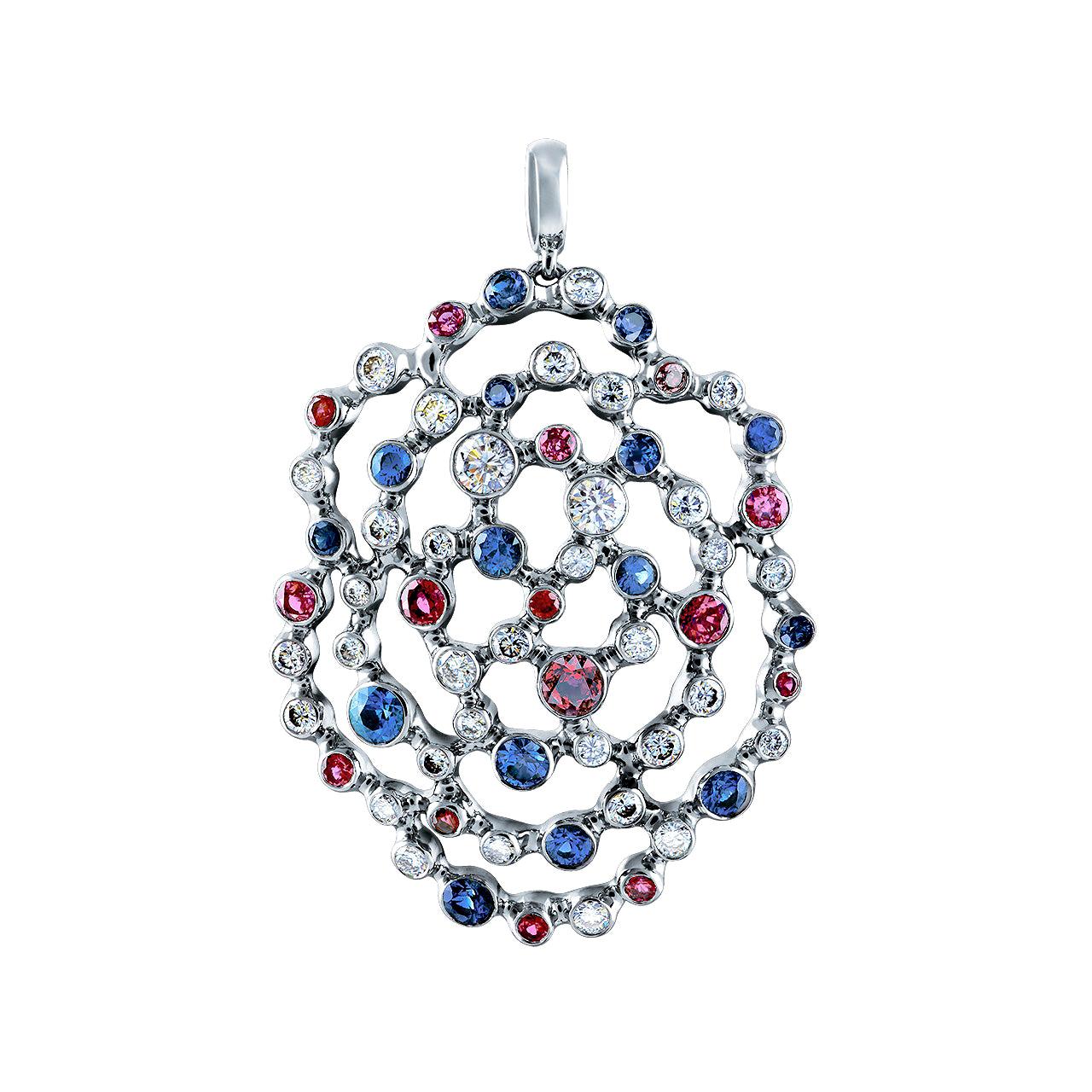 18 Karat White Gold Pendant with 1.01 Carat Diamonds Rubies Sapphires For Sale