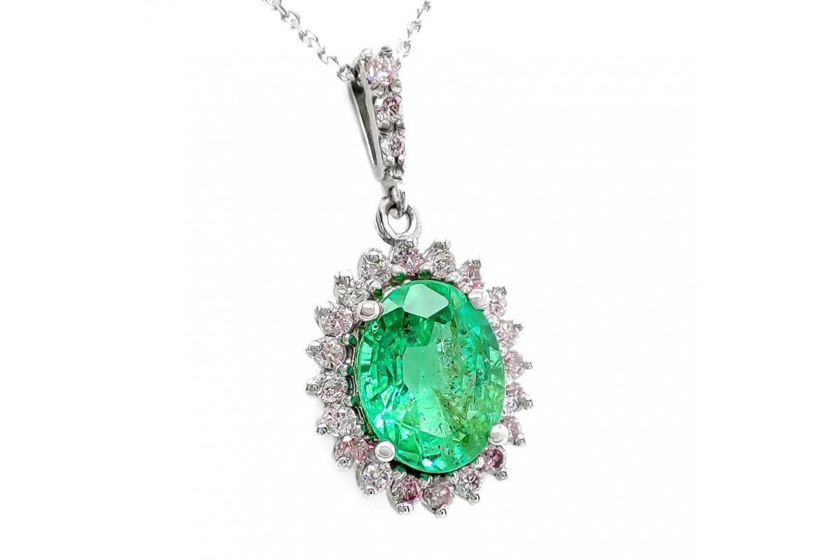 Pendant with 1.82ct emerald and pink diamonds In Good Condition For Sale In Chorzów, PL