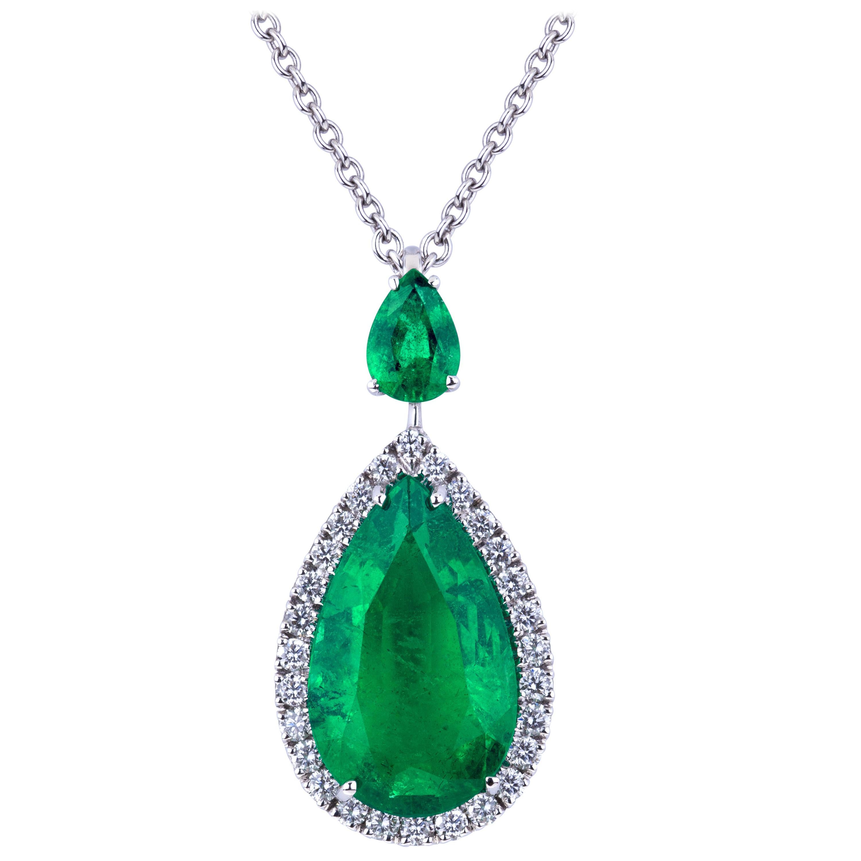 Pendant with a Certified Drop Emerald, Diamonds and Pear Cut Emerald on Top For Sale
