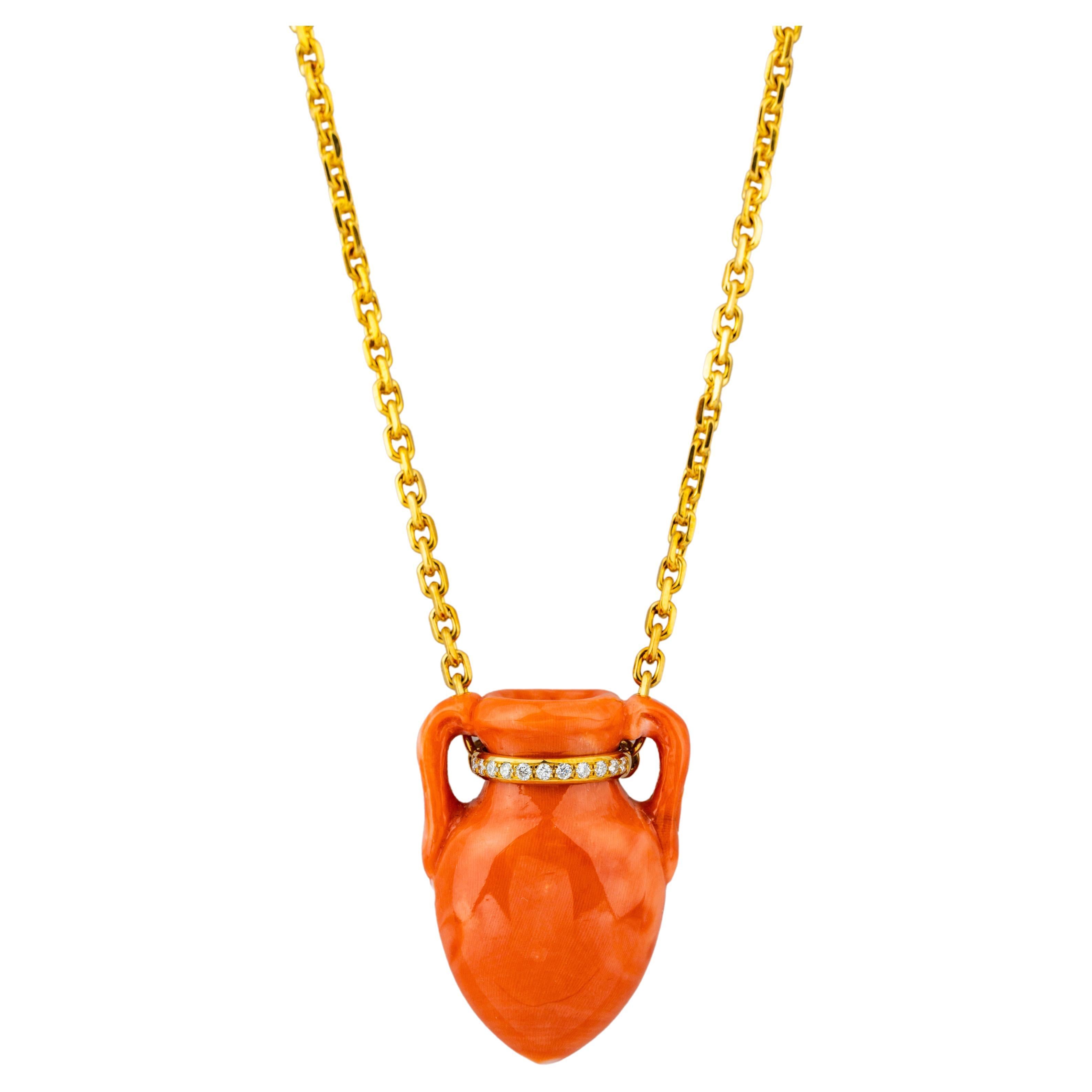 "Costis" Pendant with a Special "Amphora" Hand-Sculpted Coral, and Diamonds For Sale