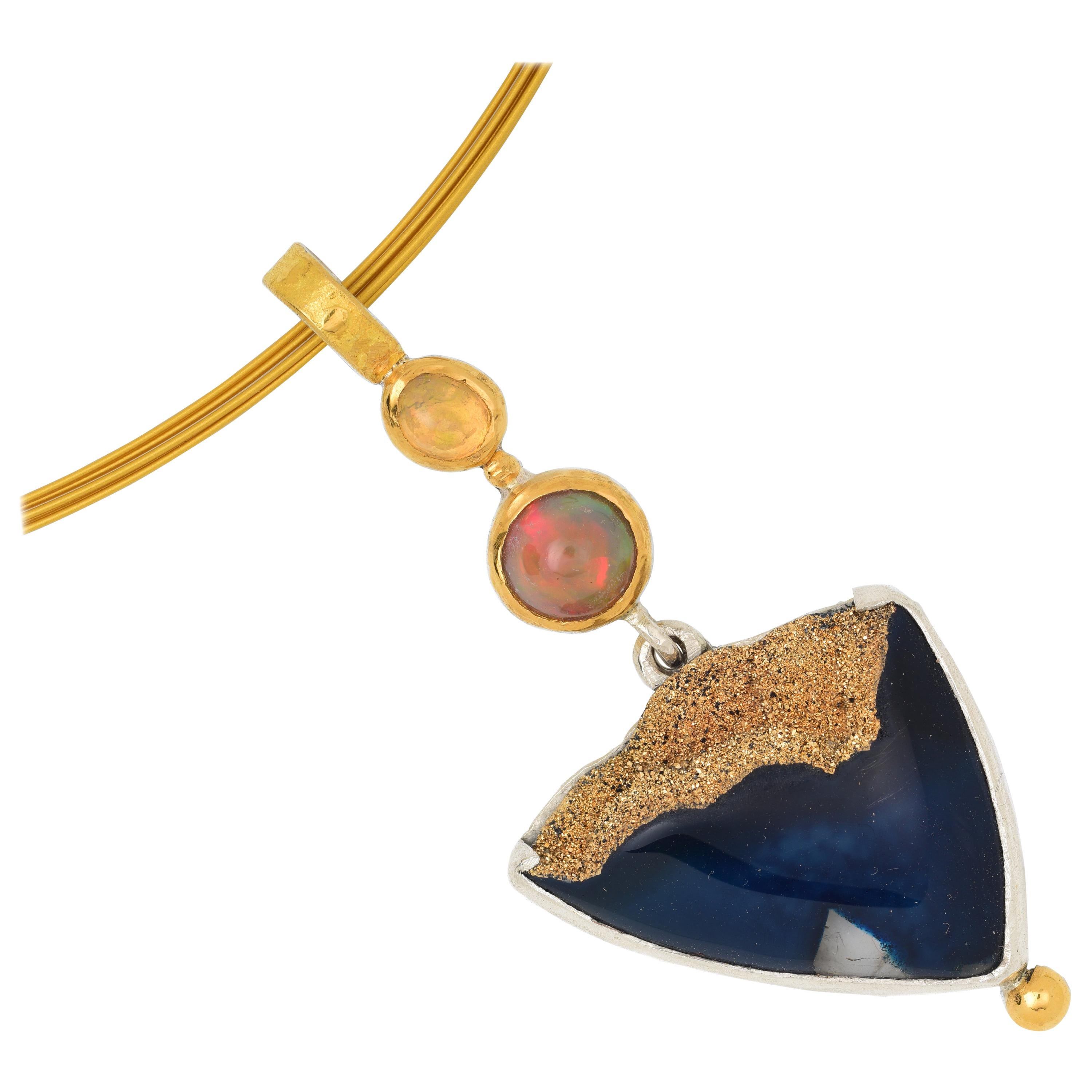 Pendant with Agate, Water Opal, Opal, 22 Karat Yellow Gold and Silver