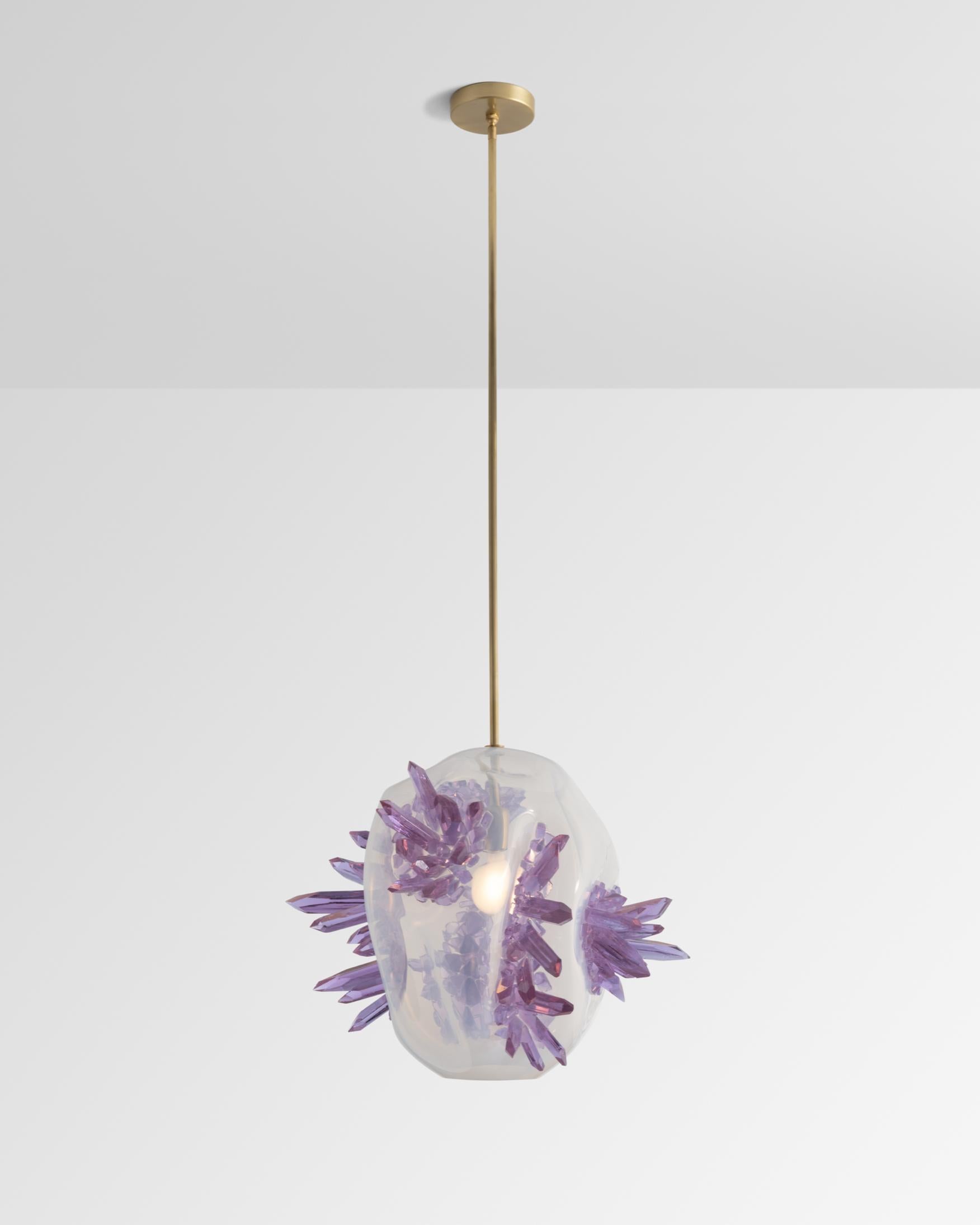 Unique hanging pendant in blown glass, with applied glass crystals. Designed and made by Jeff Zimmerman, USA, 2022. Dark Blue Glass with purple crystals shapes.