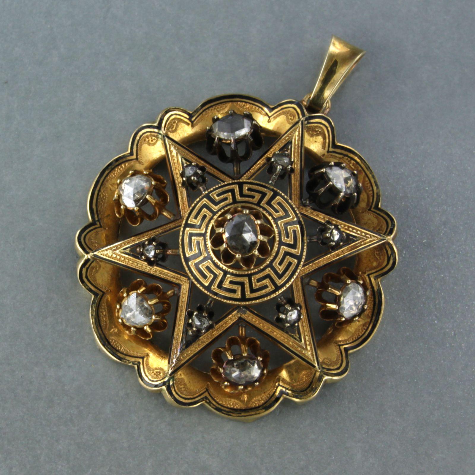 Rose Cut Pendant with black enamel and Diamonds 18k gold For Sale