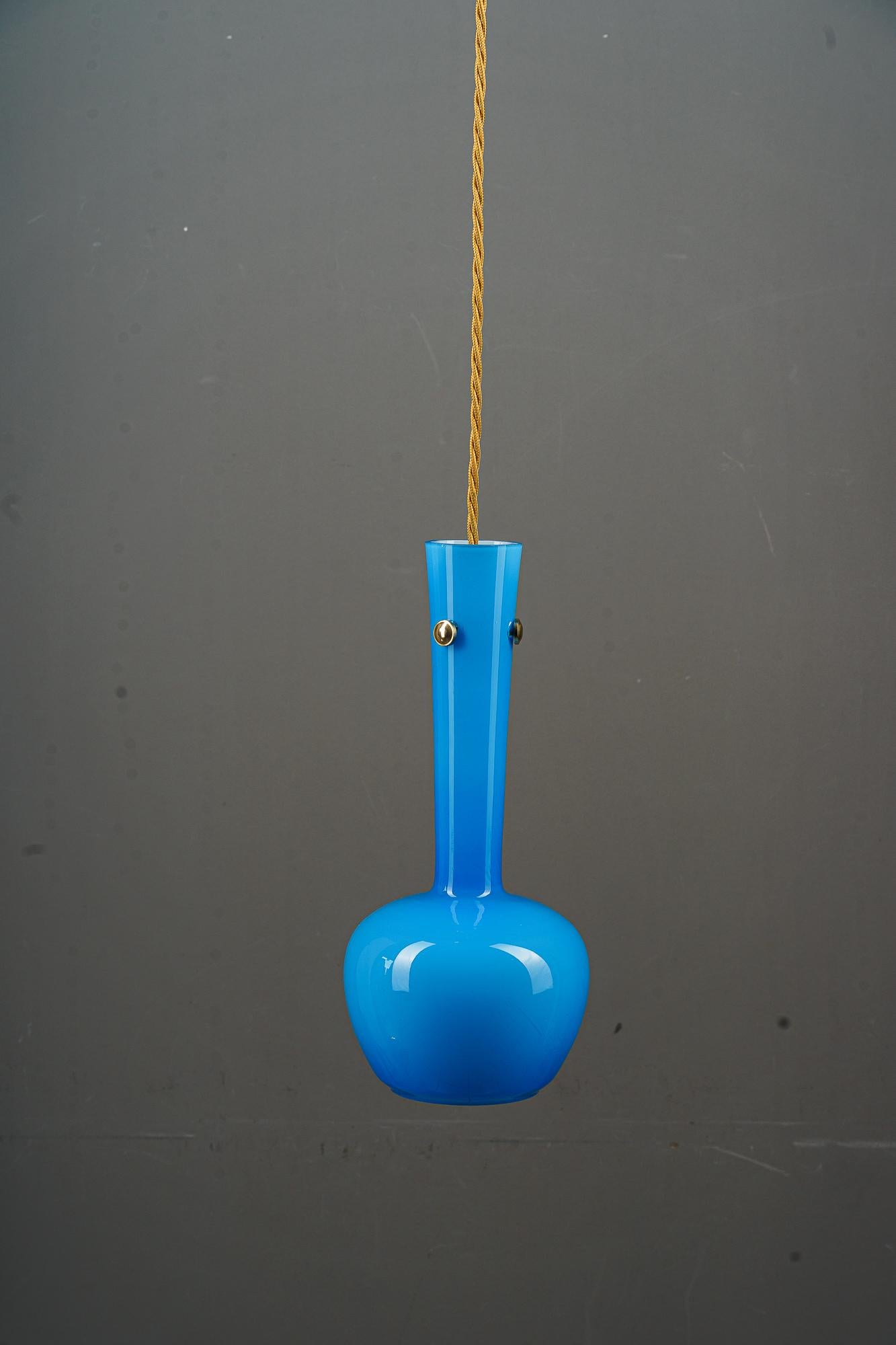 Mid-Century Modern Pendant with blue glass shade vienna around 1960 For Sale