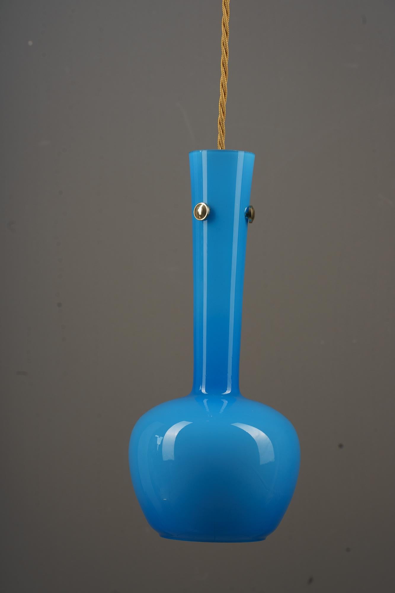 Austrian Pendant with blue glass shade vienna around 1960 For Sale