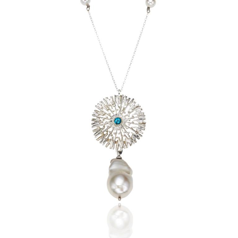 Brilliant Cut Etoilé Pendant with Blue Topaz Centre and Baroque Pearl Drop on a Silver Chain For Sale