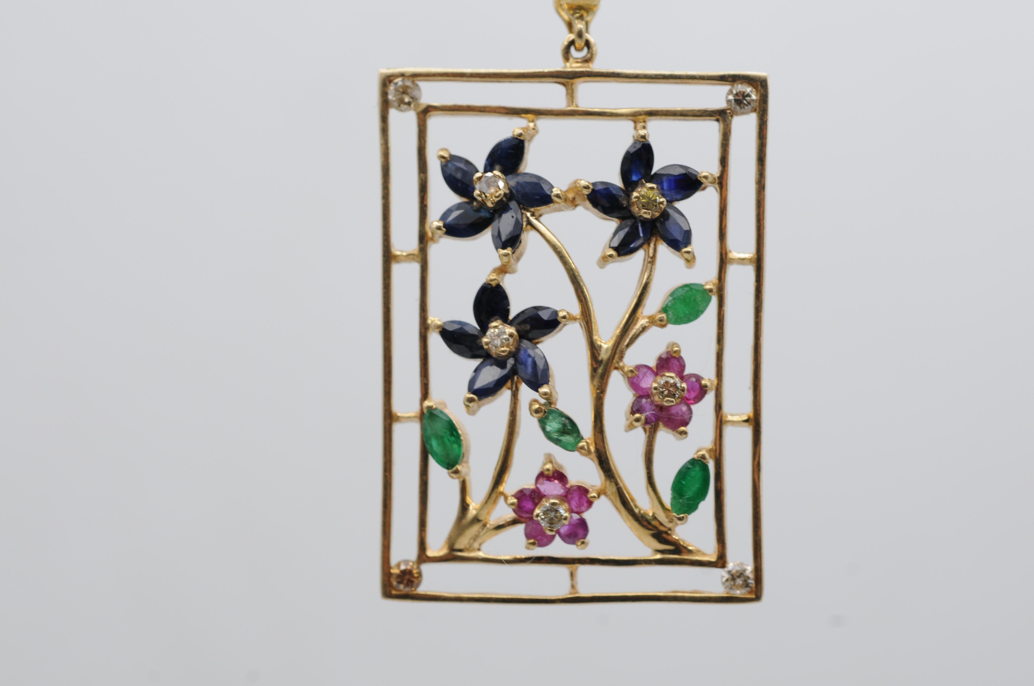 Taglio misto ciondolo con diamanti colorati rubini smeraldi e zaffiri, realizzato in 14 ct. in vendita