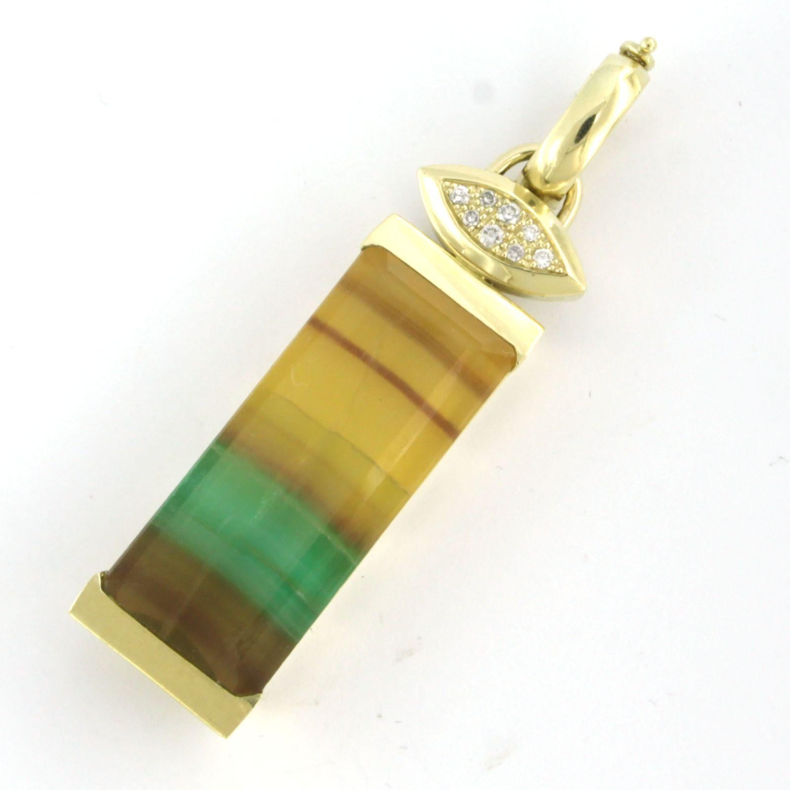 Modern Pendant with fluorite and brilliant cut diamonds up to 0.12ct 14k gold 14.1 gram For Sale