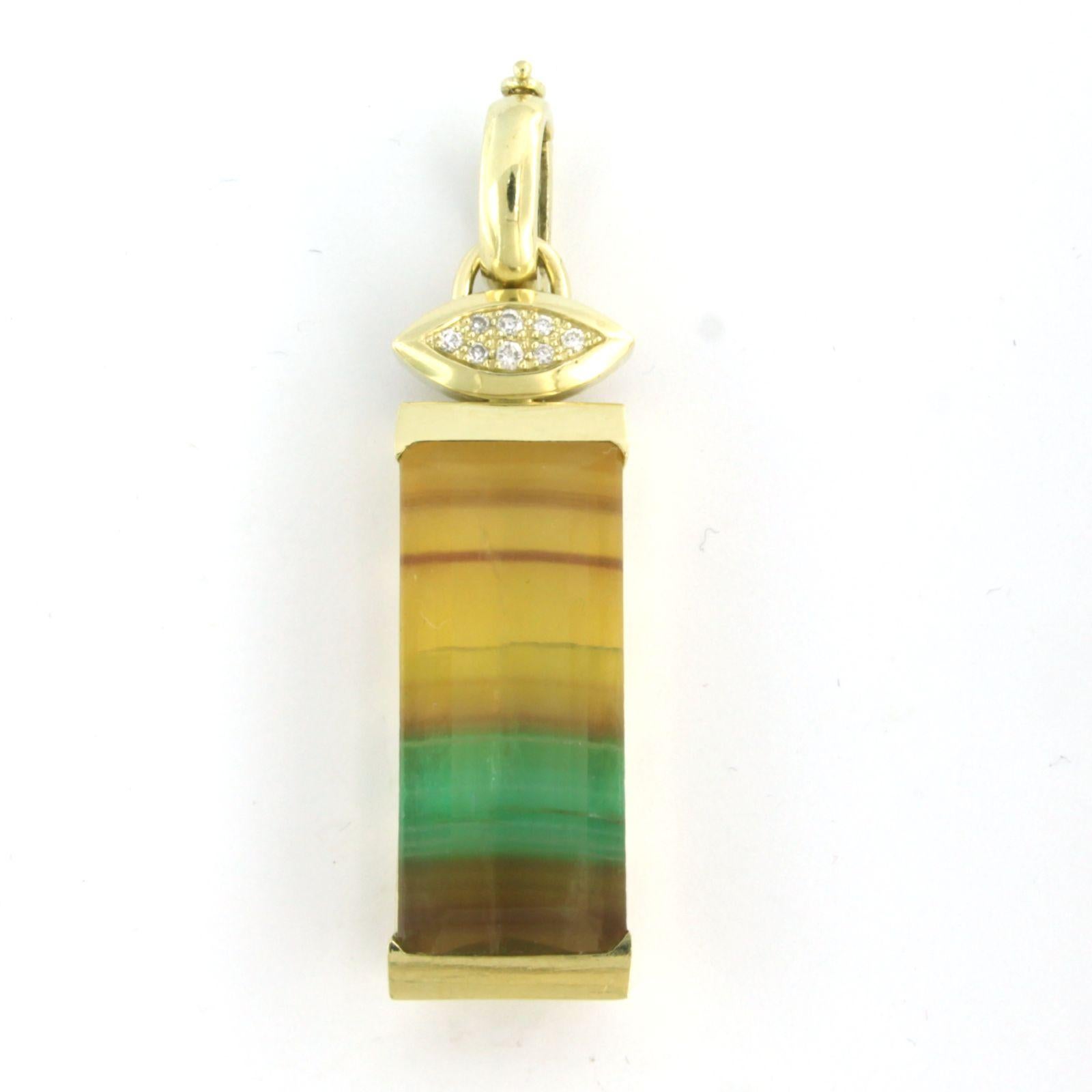 Pendentif en or jaune 14k serti de Fluorite totalisant environ 20.00ct et de diamant taille brillant jusqu'à. 0.12ct - F/G - VS/SI 

Description détaillée

la taille du pendentif est de 5,3 cm de long par 1,3 cm de large

poids total : 14,1