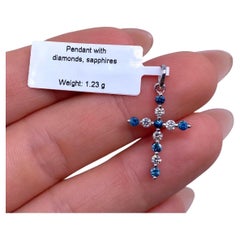 Pendant with Natural Blue Sapphire and Diamonds, 14 Karat White Gold, 585