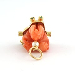 Pendant with pearl, emerald, coral, 3 monkeys Hear, See, Speak No Evil 18k gold