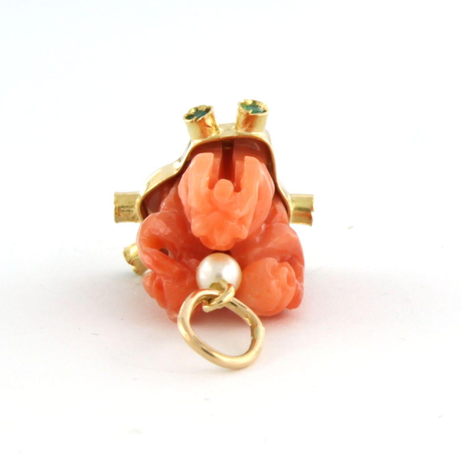 Modern Pendant with pearl, emerald, coral, 3 monkeys Hear, See, Speak No Evil 18k gold For Sale