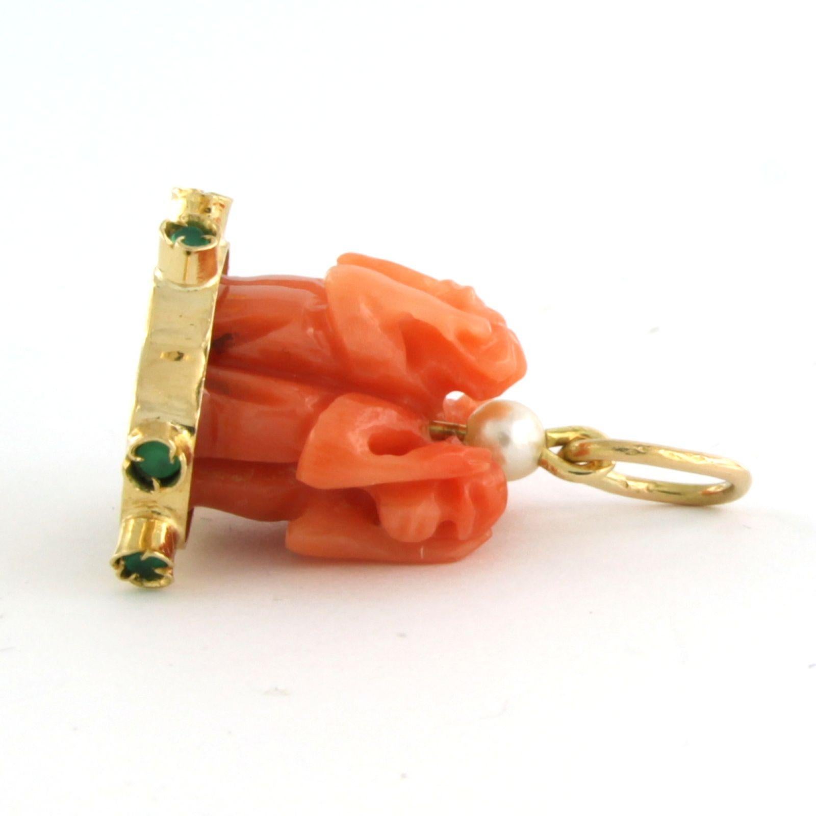 Cabochon Pendant with pearl, emerald, coral, 3 monkeys Hear, See, Speak No Evil 18k gold For Sale