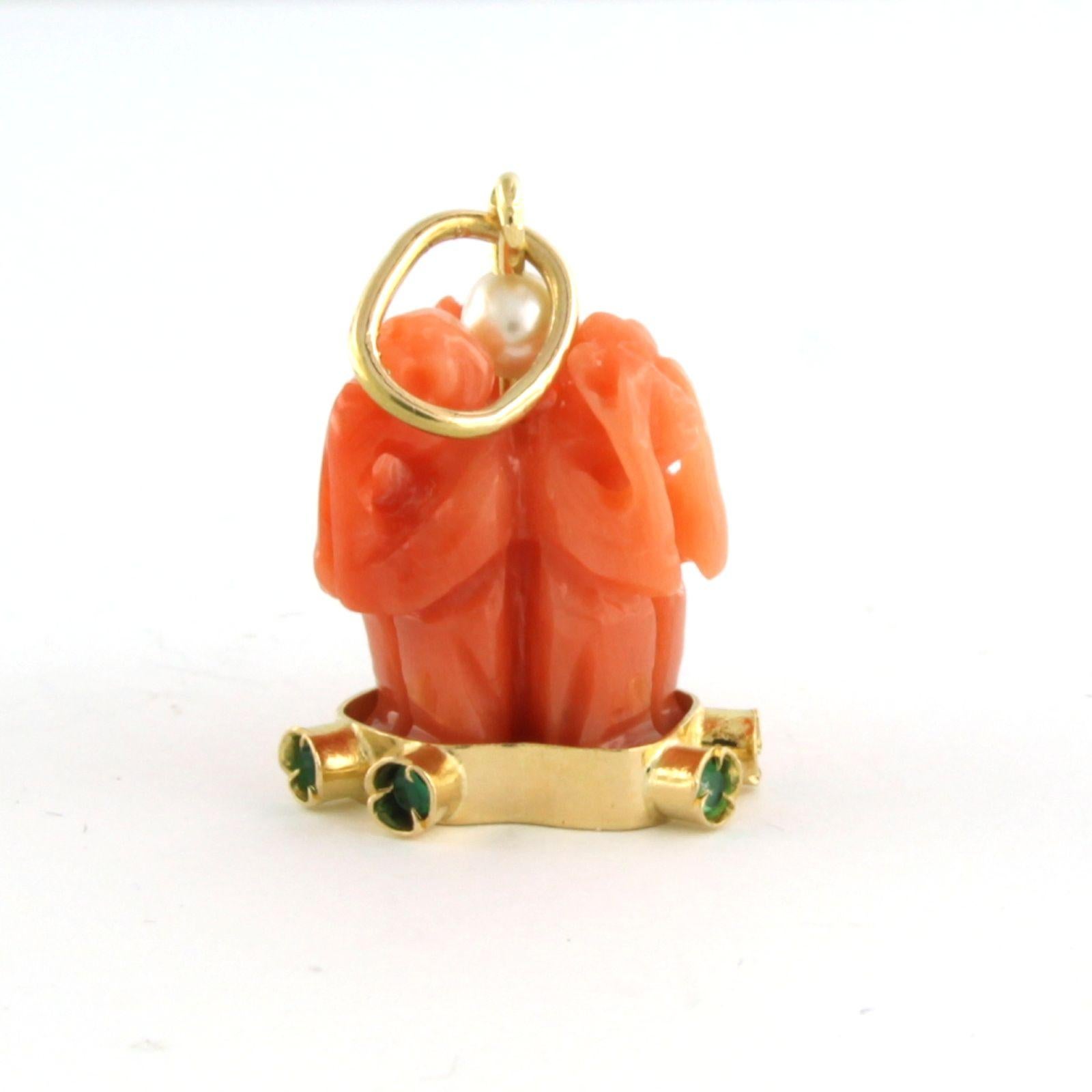 Women's Pendant with pearl, emerald, coral, 3 monkeys Hear, See, Speak No Evil 18k gold For Sale