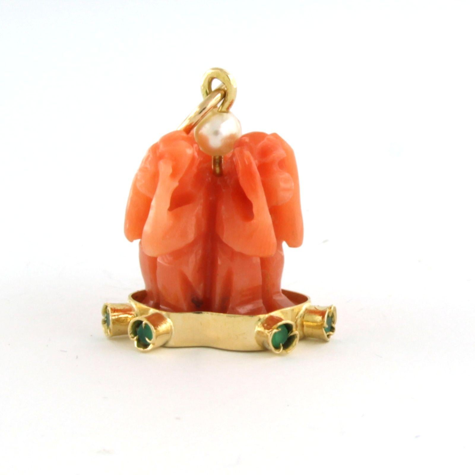 Pendant with pearl, emerald, coral, 3 monkeys Hear, See, Speak No Evil 18k gold For Sale 1