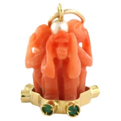 Pendant with pearl, emerald, coral, 3 monkeys Hear, See, Speak No Evil 18k gold