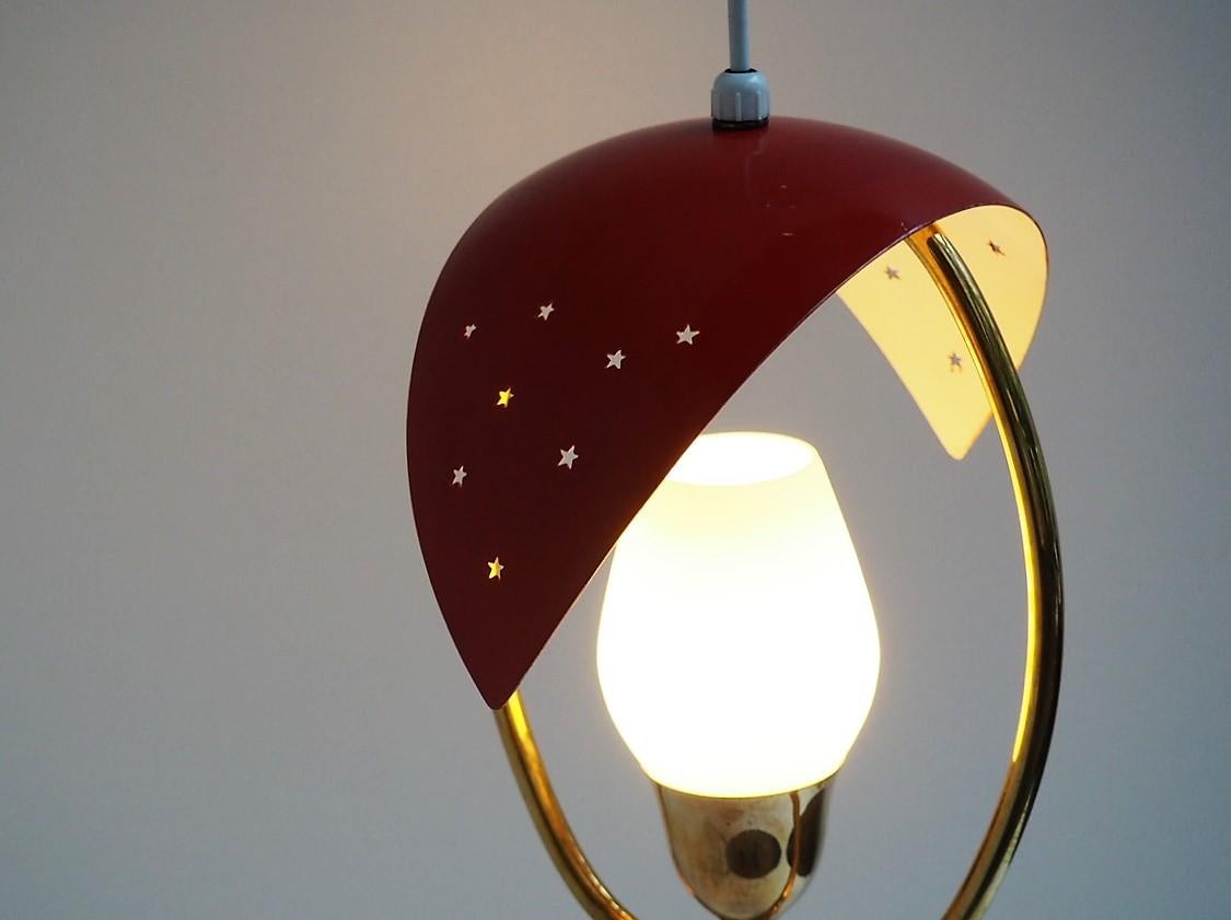 Polished Pendant with Red Shade Decorated with Stars Made, by Danish Fog & Mørup, 1950s For Sale