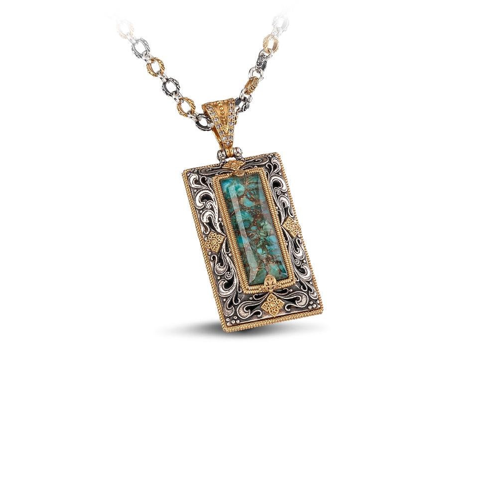 Byzantine Pendant with Turquoise Gemstone & Tricolor Chain, Dimitrios Exclusive M79 For Sale