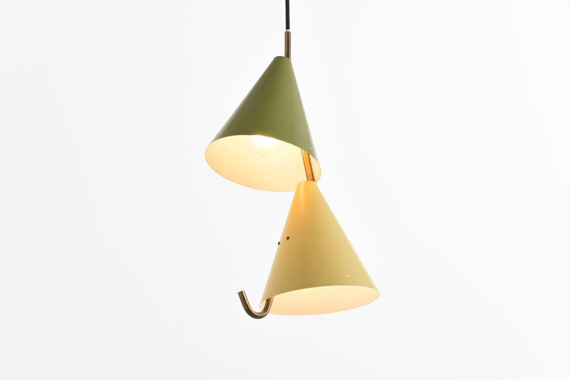 Pendant with Two Lampshades and Brass Suspension by Lyfa, 1950s In Good Condition In Antwerpen, BE