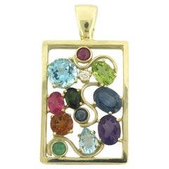 Pendant with various gemstones and diamond 14k yellow gold