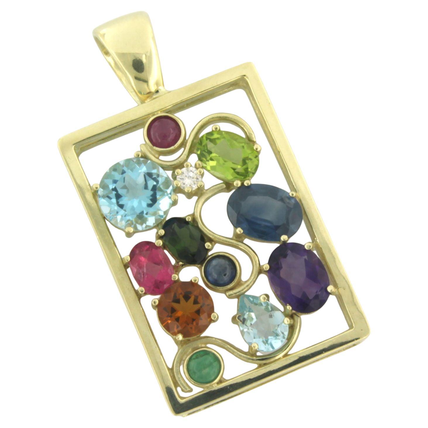Pendant with various gemstones and diamond 14k yellow gold