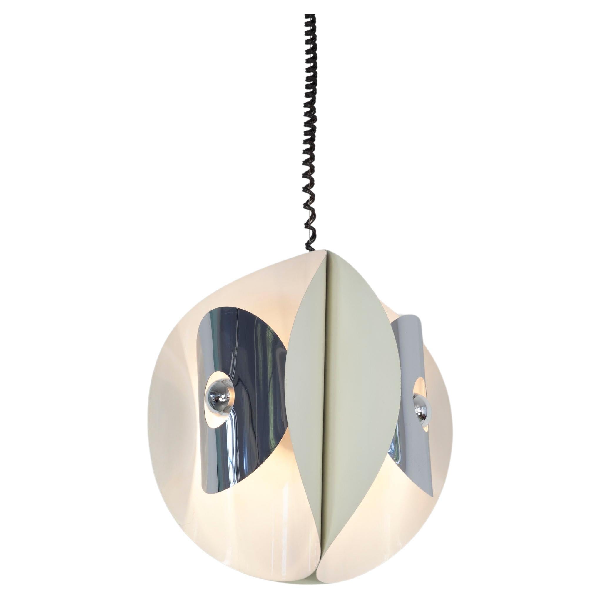 Pendantlamp with white painted metal & chrome shades, Gioffredo Reggiani, 1970s For Sale