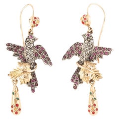 Antique Pendants d'oreilles fin du 19ème siècle en forme d'oiseau en perles et rubis