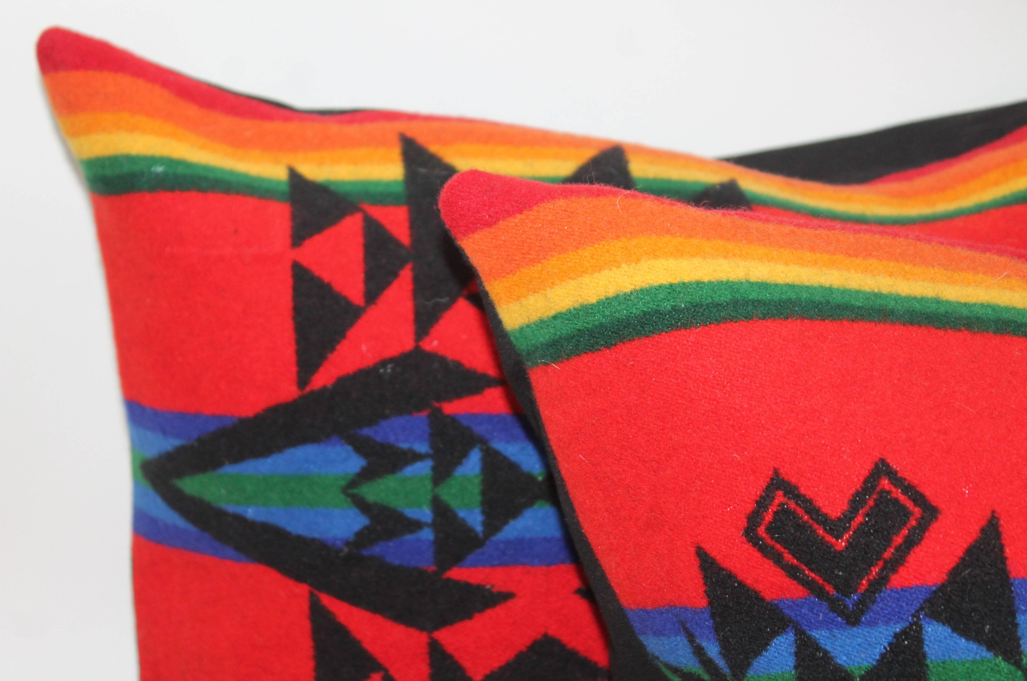 These fine and colorful Indian design camp blanket pillows are newly made from vintage Pendleton blankets. The condition is very good. The backing is in black linen.