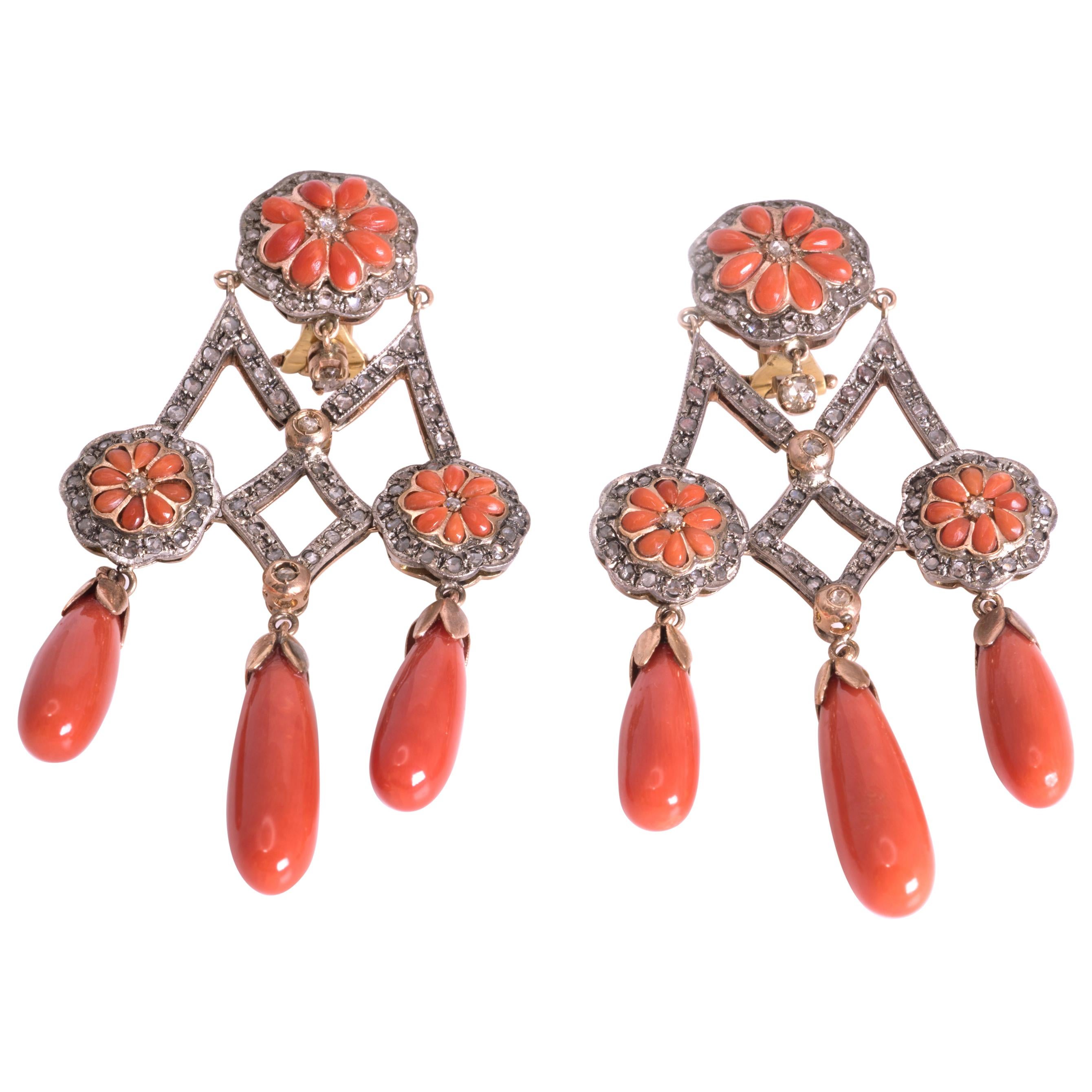 Pendent Earrings with Diamonds Carat 2.20 and Coral Drops For Sale
